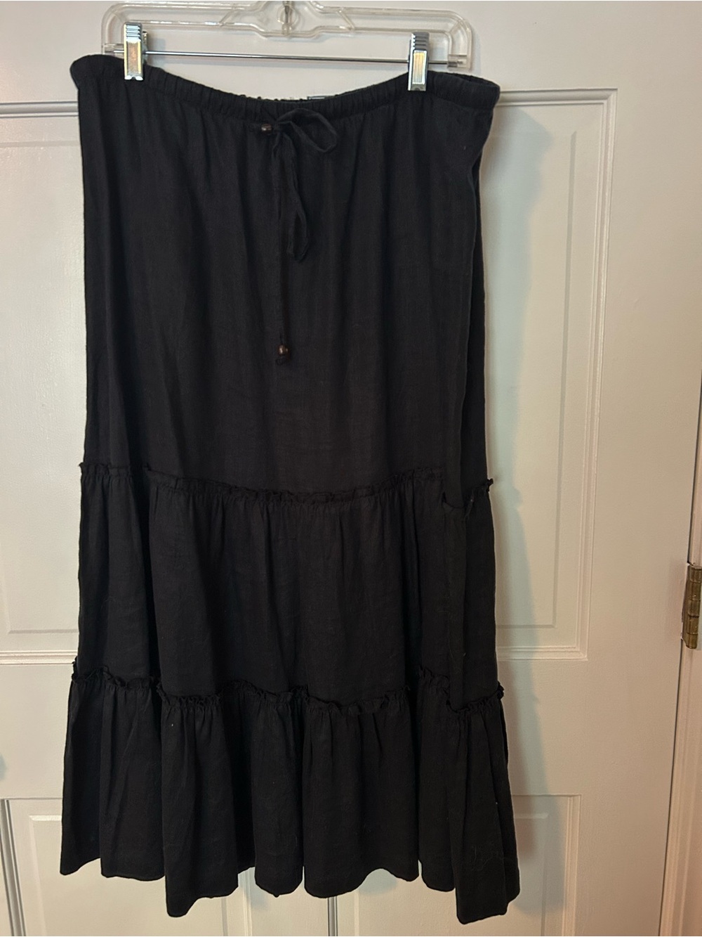 Lands End Black Tiered Drawstring Linen Maxi Skirt